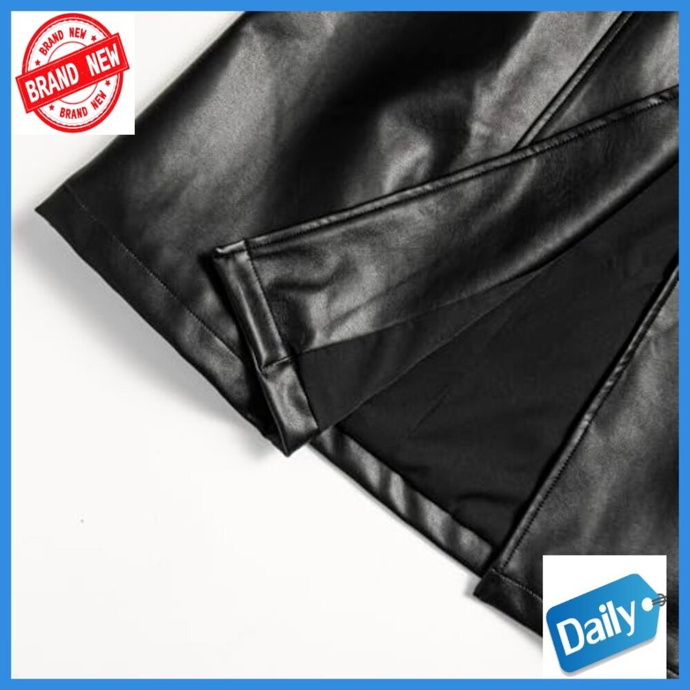 Long Faux Leather Trench Coat With Belt Motorcycle Biker Style Overcoat - Picture 5 of 7